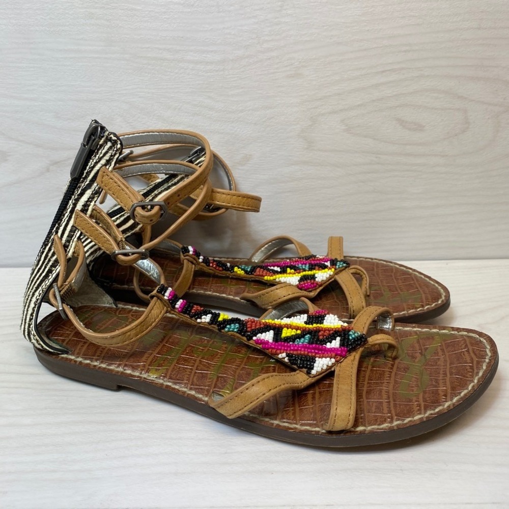 Sam Edelman Womens 7.5 Giselle Gladiator Sandals Beaded Zebra Tan Leather Boho